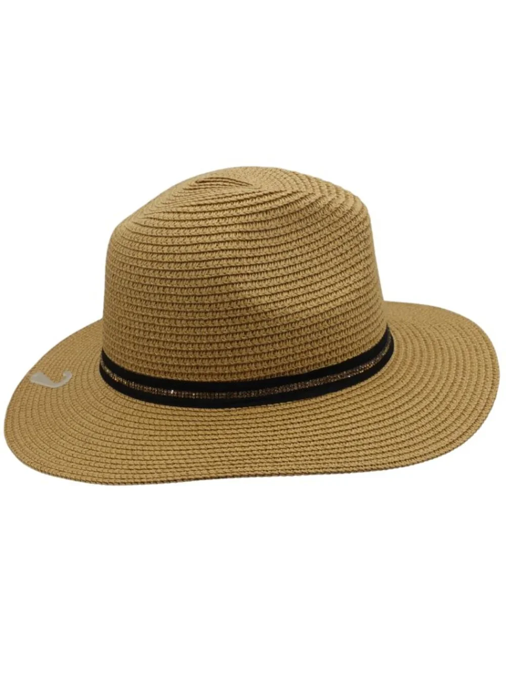 Iluma Straw Fedora Wide Brim Hat Tan with Black band and Rhinestone accents- NEW
